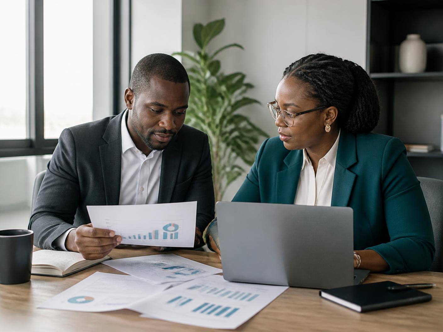 Two advisors reviewing client performance reports together
