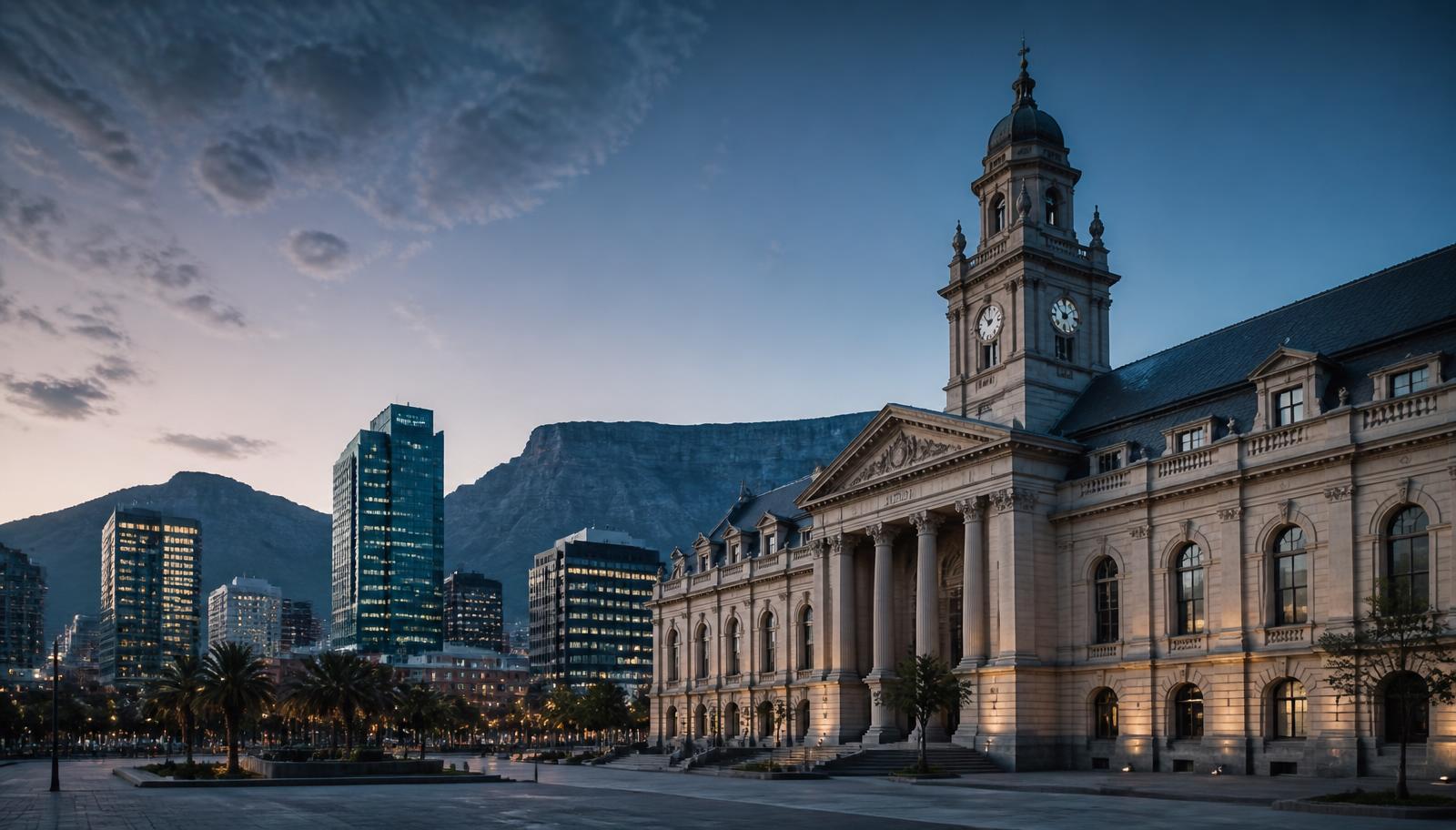 Civic building and city skyline at dusk