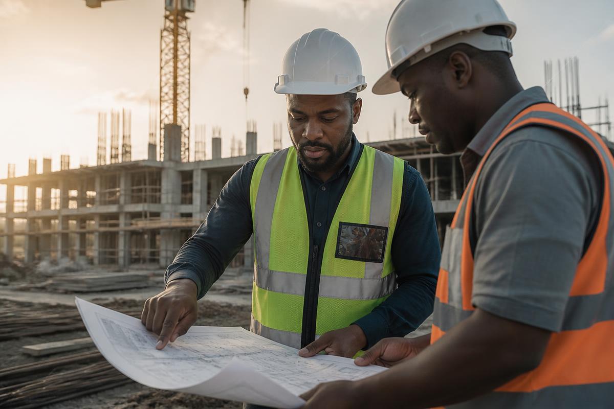 Project manager reviewing building plans on a construction site at dusk