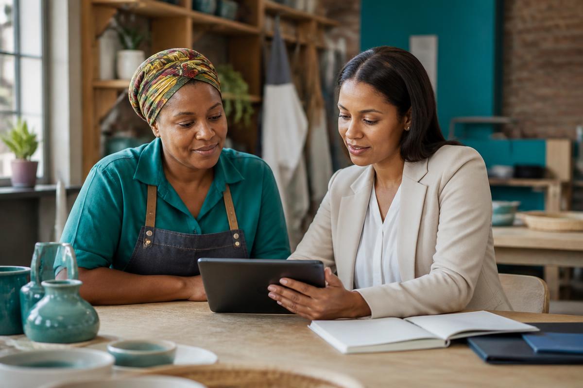A business owner reviewing a funding application document with an advisor