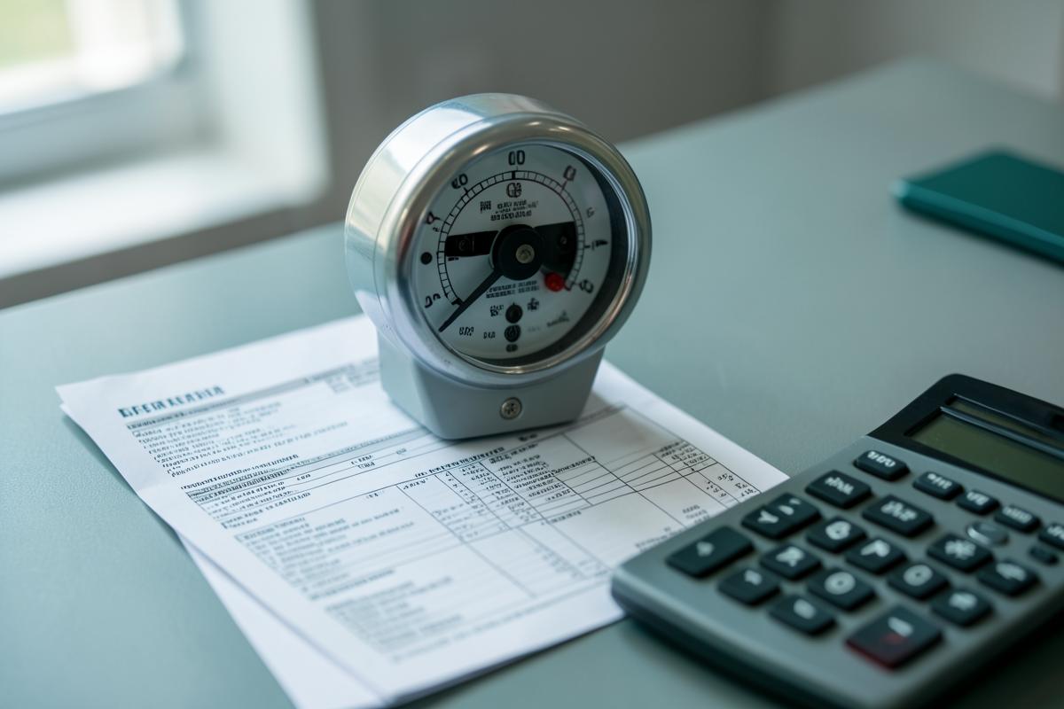 Municipal utility meter alongside billing paperwork and a calculator on a desk