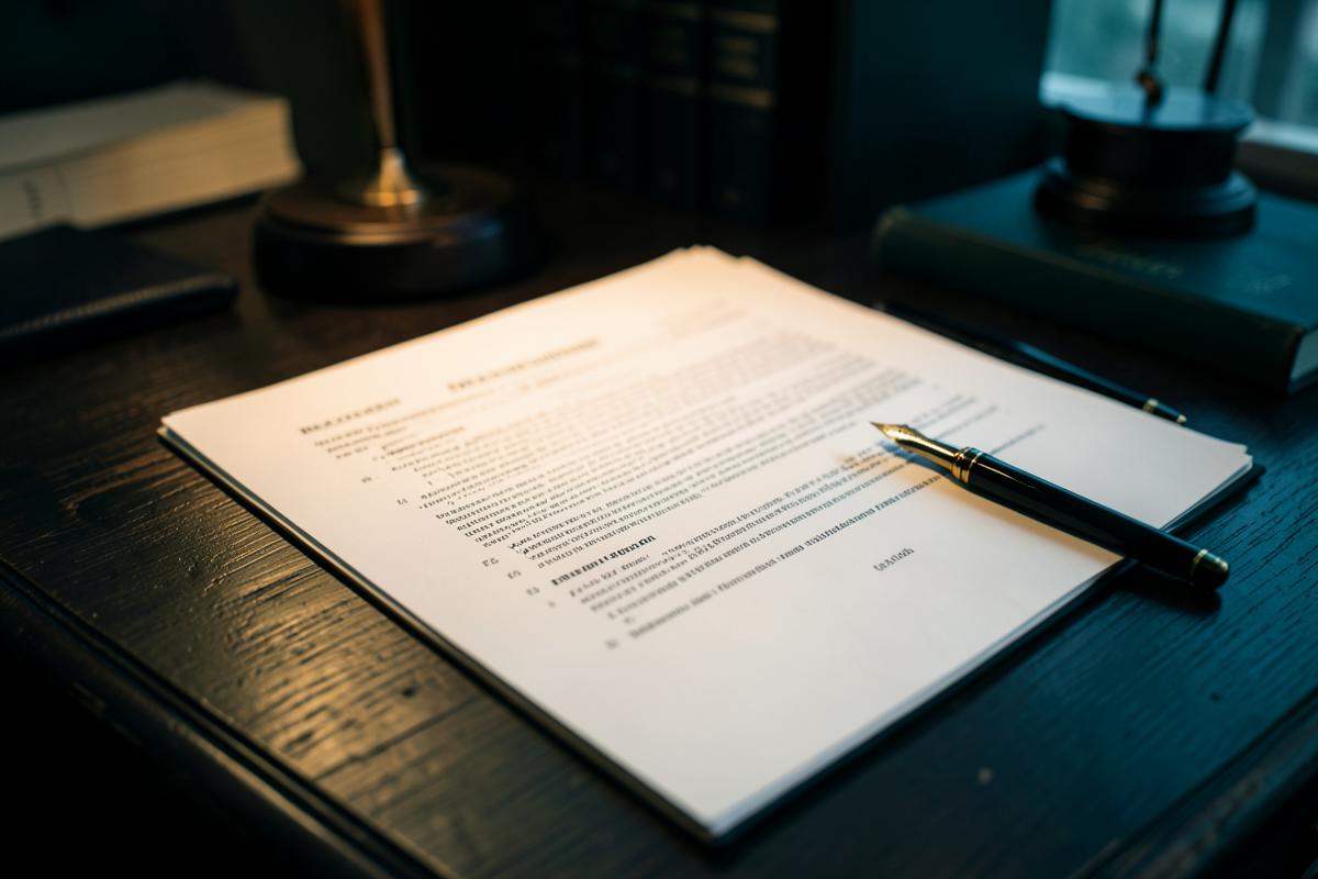 Transaction agreement documents and a fountain pen on a dark office table
